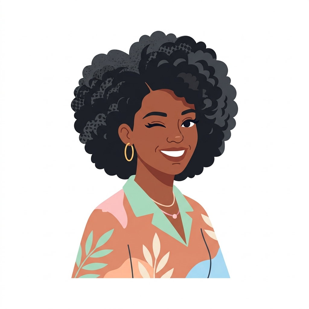 Ilustração de uma boneca com cabelo black power piscando